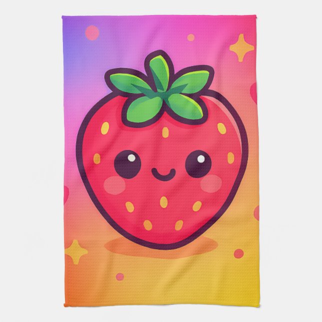 Smiling Kawaii Strawberry on Pastel Gradient Backg Kitchen Towel (Vertical)