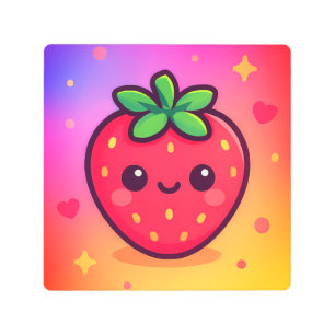 Smiling Kawaii Strawberry on Pastel Gradient Backg Metal Print