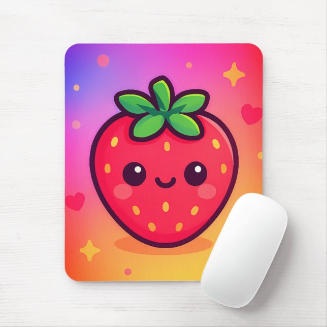Smiling Kawaii Strawberry on Pastel Gradient Backg Mouse Pad (With Mouse)