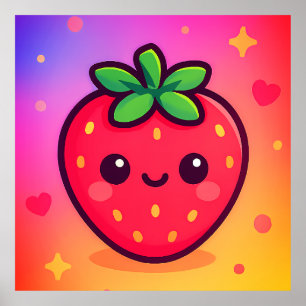 Smiling Kawaii Strawberry on Pastel Gradient Backg Poster