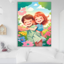Smiling Kids in Colorful Flower Garden Poster