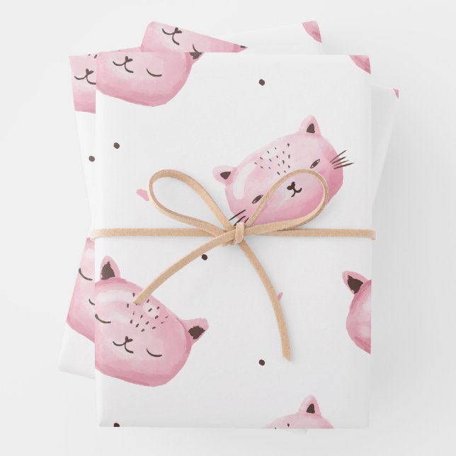 Smiling Kitty Faces Pattern Wrapping Paper Sheets (In situ)