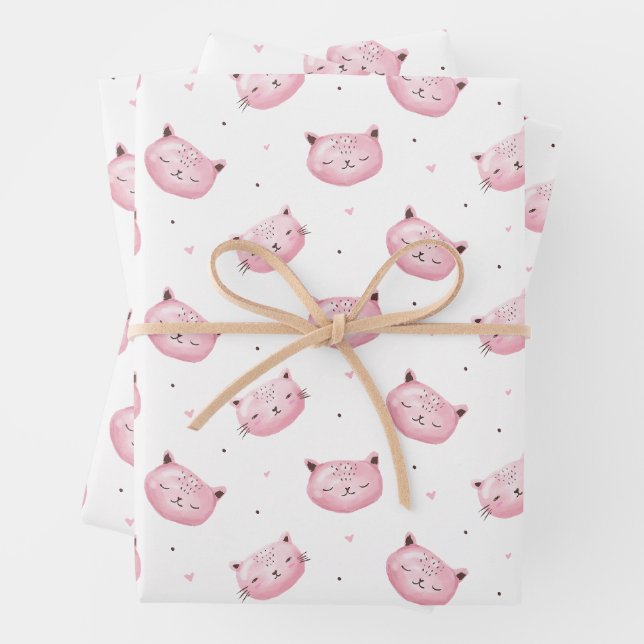 Smiling Kitty Faces Pattern Wrapping Paper Sheets (In situ)