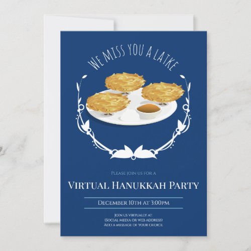 Smiling Latkes Blue White Virtual Hanukkah Party Invitation