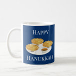Smiling Latkes Cartoon Happy Hanukkah Coffee Mug<br><div class="desc">A Happy Hanukkah mug that shows smiling latkes standing on a plate with apple sauce and sour cream. The words and illustration are visible on both sides of the mug.</div>