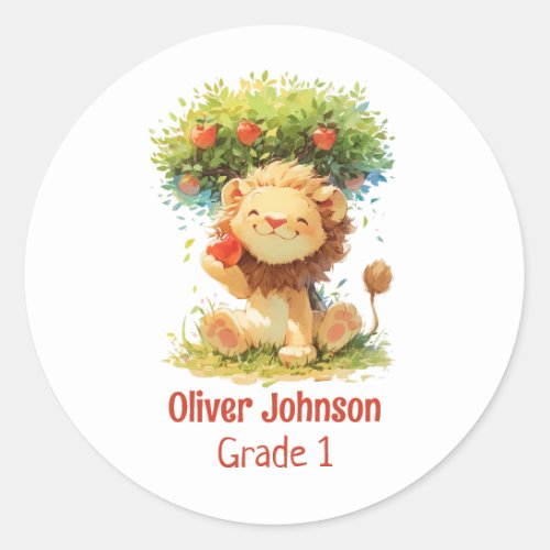 Smiling Lion Sitting Under An Apple Tree Kids Classic Round Sticker