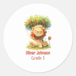 Smiling Lion Sitting Under An Apple Tree Kids Classic Round Sticker