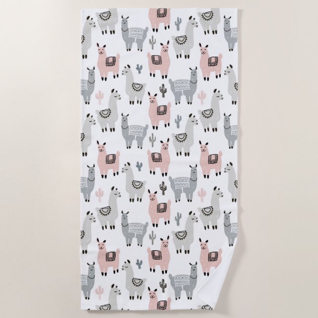 Smiling Llamas Pattern Beach Towel (Front)