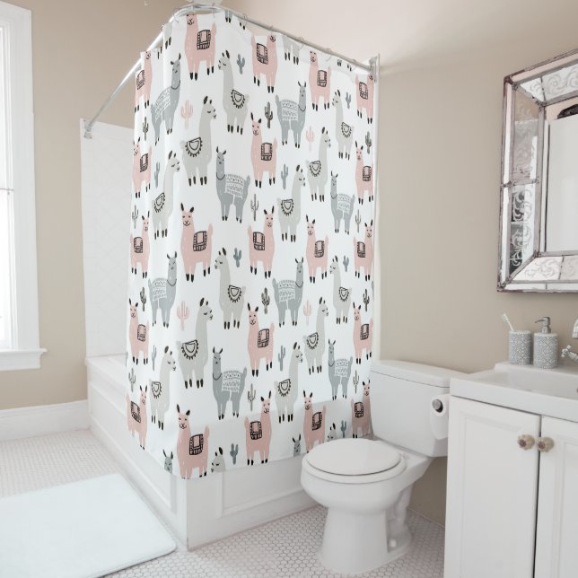 Smiling Llamas Pattern Shower Curtain (In Situ)