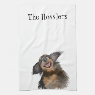 Smiling Long Haired Dachshund Original Art Kitchen Towel