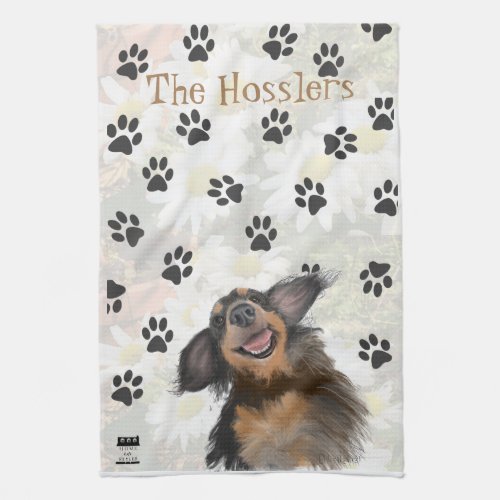 Smiling Long Haired Doxie Paw Print Original Art Kitchen Towel