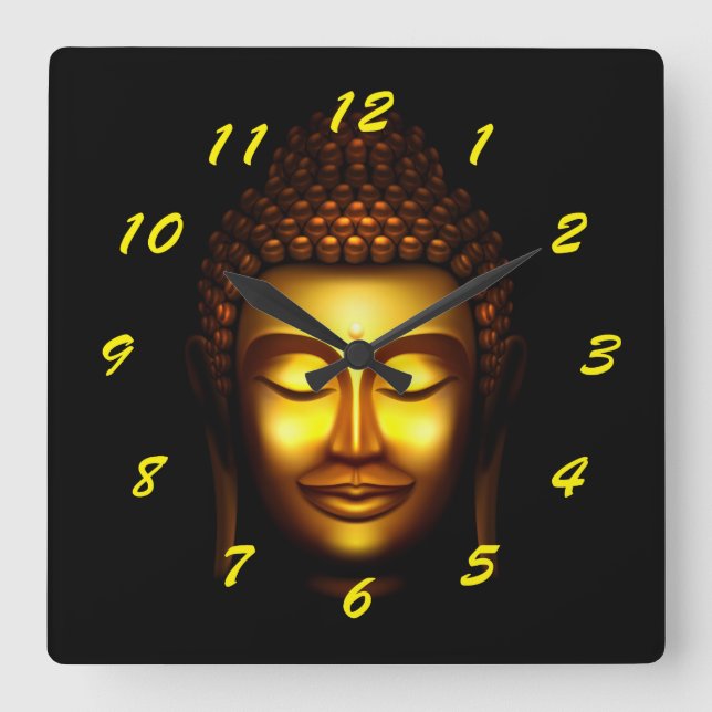 Smiling Lord Buddha Gold and Black Square Wall Clock (Front)