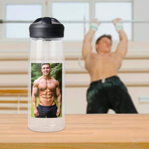 Smiling Male Bodybuilder on a Water Bottle