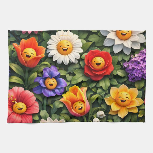Smiling meow whimsical happy flower tea kitchen towel (Horizontal)