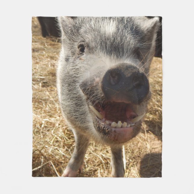 Smiling Mini Pig Fleece Blanket, Medium (Front)