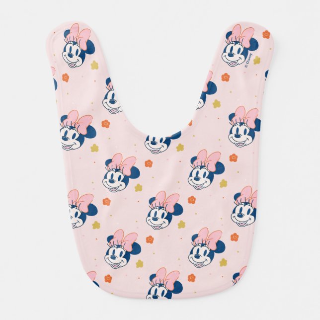 Smiling Minnie Mouse Floral Pattern Baby Bib (Front)