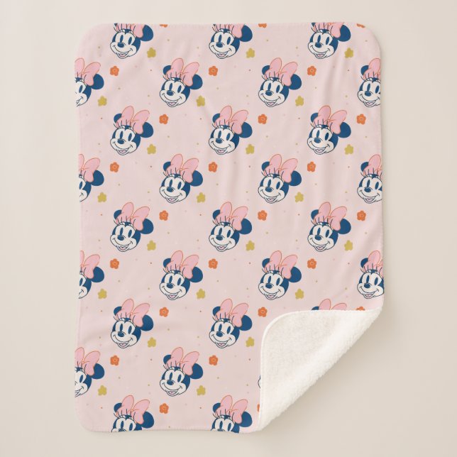 Smiling Minnie Mouse Floral Pattern Sherpa Blanket (Front)