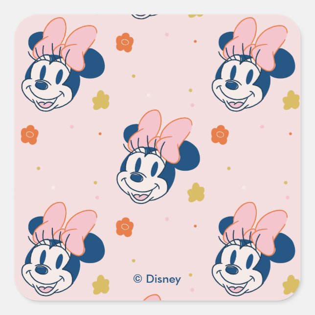 Smiling Minnie Mouse Floral Pattern Square Sticker (Front)