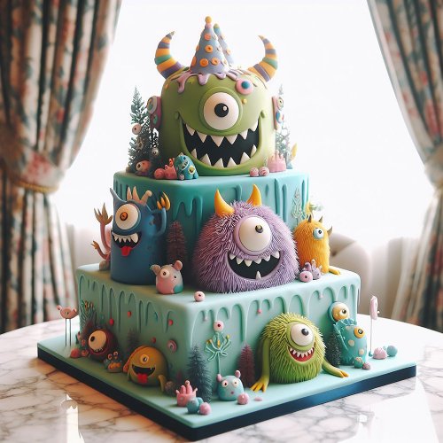 SMILING MONSTERS DECORATED KIDS BIRTHDAY CAKE CARD