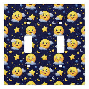 Smiling Moon and Stars with Clouds on Night Sky Light Switch Cover