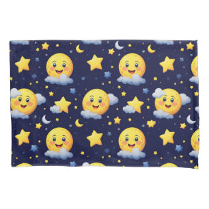 Smiling Moon and Stars with Clouds on Night Sky Pillow Case