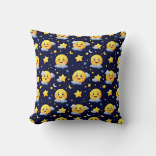 Smiling Moon and Stars with Clouds on Night Sky Throw Pillow