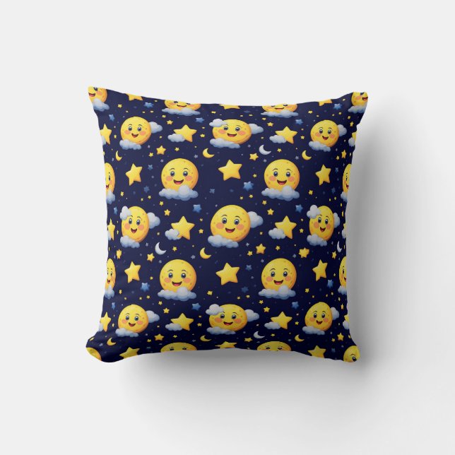 Smiling Moon and Stars with Clouds on Night Sky Throw Pillow (Front)