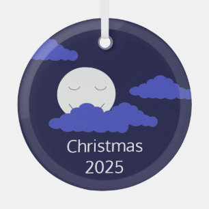 Smiling Moon with Popcorn Clouds: Dark Blue Glass Ornament