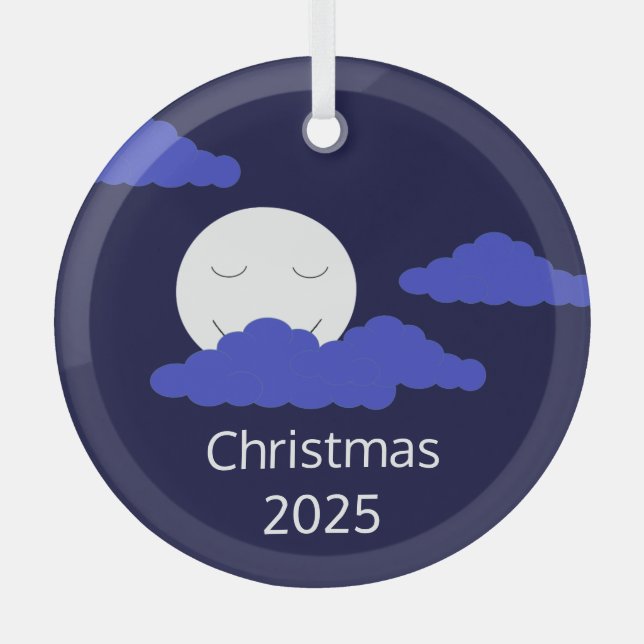 Smiling Moon with Popcorn Clouds: Dark Blue Glass Ornament (Front)