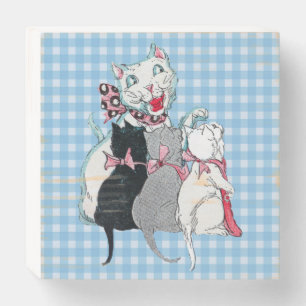 Smiling Mother Cat Sitting With Kittens Plaid Wooden Box Sign