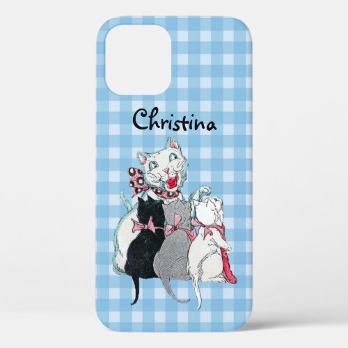 Smiling Mother Cat With Three Kittens on Plaid iPhone 12 Case