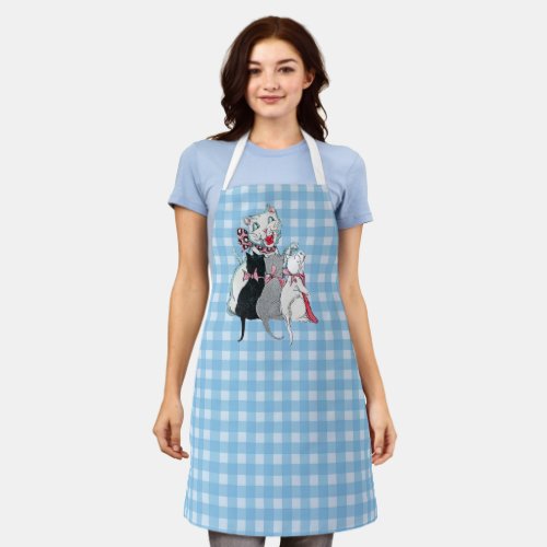 Smiling Mother White Cat Three Kittens on Plaid Apron