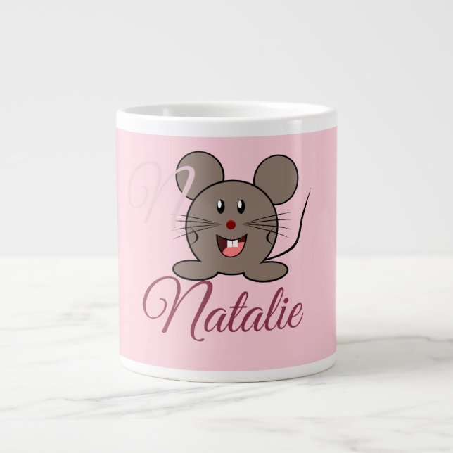 Smiling  mouse - in Pastel pink  monogrammed Giant Coffee Mug (Front)
