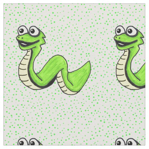 Smiling Neon Green Cartoon Snake Green Polka Dots Fabric