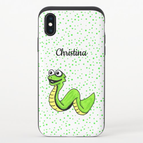 Smiling Neon Green Snake on White Polka Dots iPhone X Slider Case