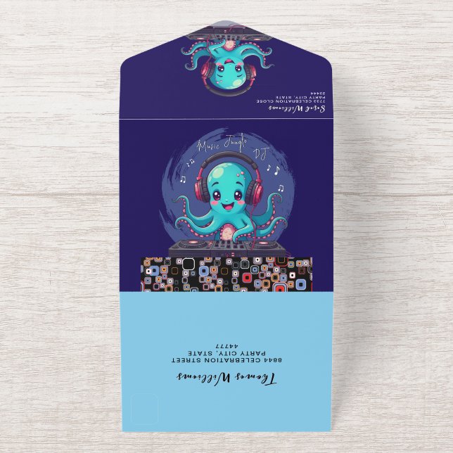 Smiling Octopus DJ, Happy Music Jungle / Birthday All In One Invitation (Outside)