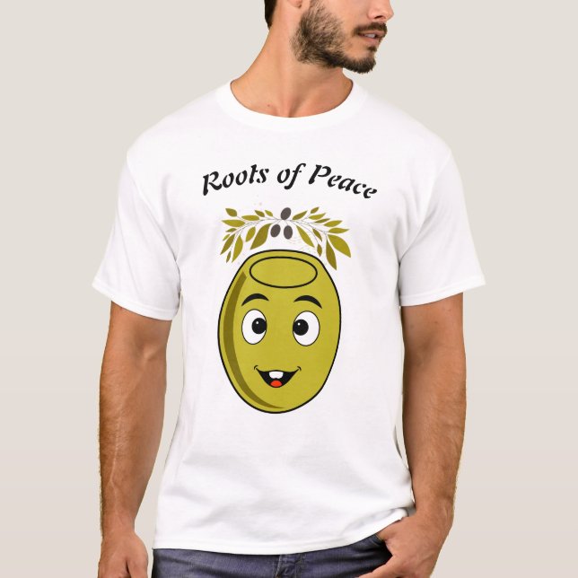 Smiling Olive T-Shirt with "Roots of Peace" text. (Front)