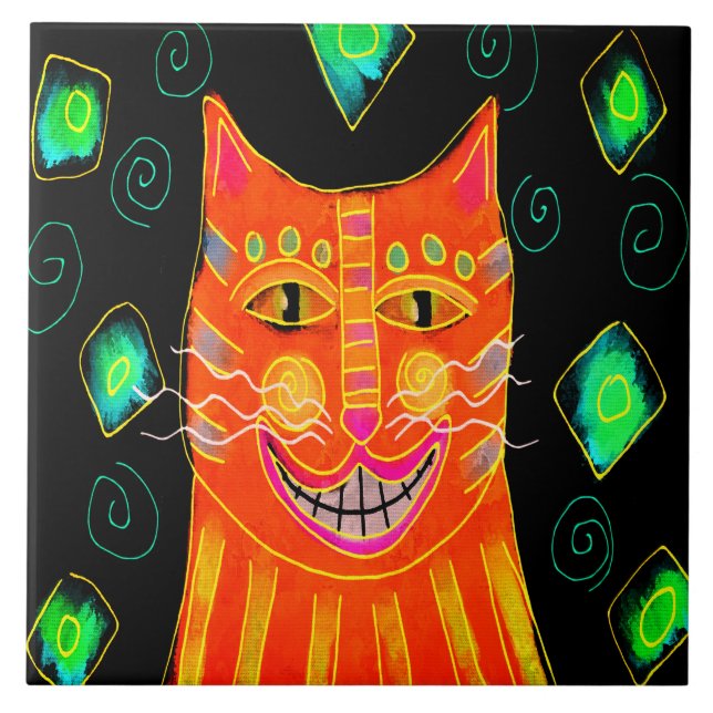 Smiling Orange Cat Digital Painting Ceramic Tile (Front)