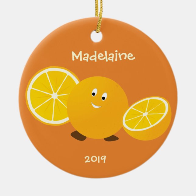 Smiling Orange Fruit Year Name Ceramic Ornament (Front)