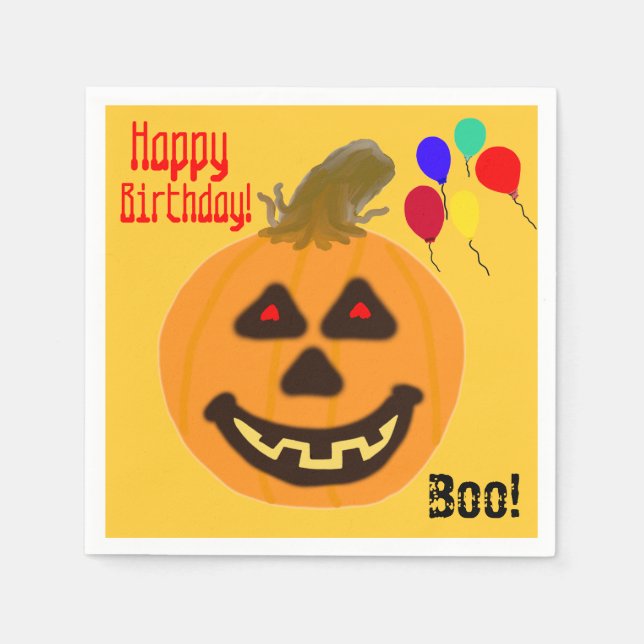 Smiling Orange Pumpkin Birthday Balloons Napkins (Front)