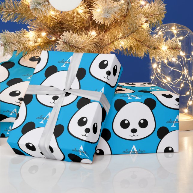 Smiling Panda Face Wrapping Paper – Cute Monogram  (Holidays)