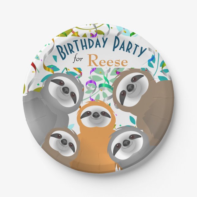 Smiling Party Sloths with Twirled Streamers Paper Plates (Front)