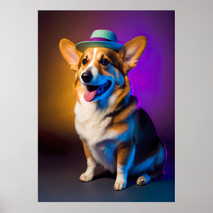 Smiling Pembroke Welsh Corgi dog in a Fedora Hat Poster