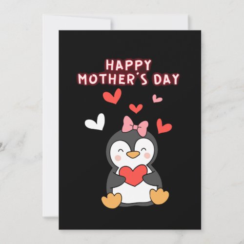 Smiling Penguin  Holding Red Heart Mothers Day Holiday Card