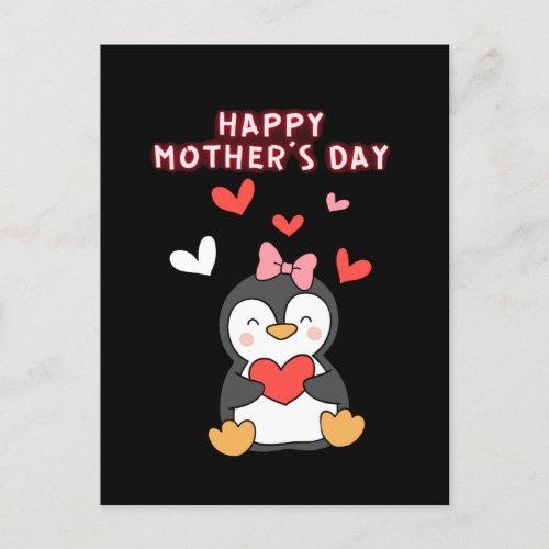 Smiling Penguin  Holding Red Heart Mothers Day Holiday Postcard