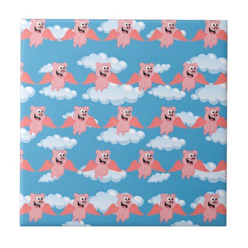 Smiling Pig Pink Wings Flying Animal Funny Cartoon Ceramic Tile