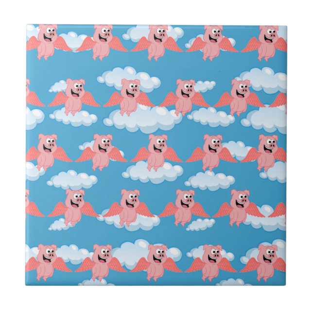 Smiling Pig Pink Wings Flying Animal Funny Cartoon Ceramic Tile (Front)