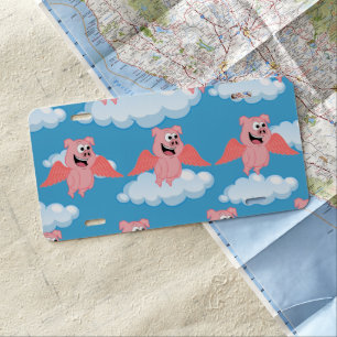 Smiling Pig Pink Wings Flying Animal Funny Cartoon License Plate