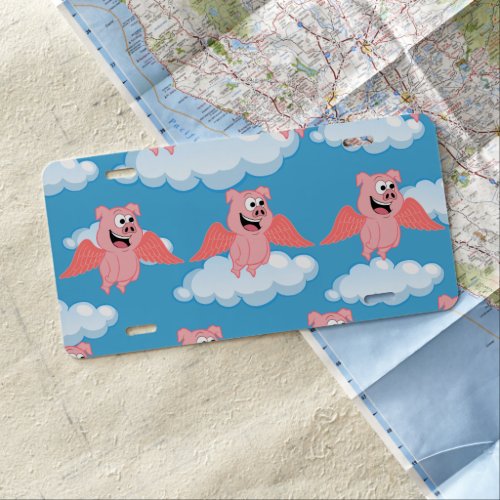Smiling Pig Pink Wings Flying Animal Funny Cartoon License Plate