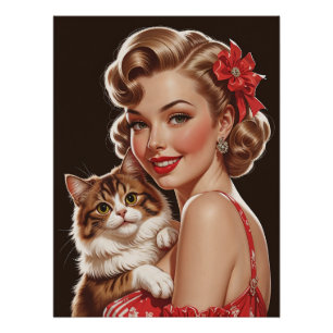 Smiling Pin-Up with Cat Portrait Poster